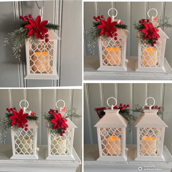 NWT Set of 2- Beautiful White- Red Floral Holiday LED Light Up Candle Lanterns - Picture 1 of 17